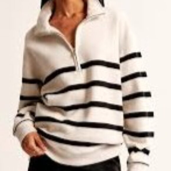Abercrombie & Fitch Women's Blue & Lt Beige Striped 1/4 Zip Sweatshirt - Size S - Picture 2 of 13